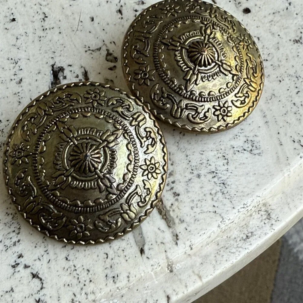 Vintage Earring Medallion Large Gold Tone Bronze Ornate Clip On